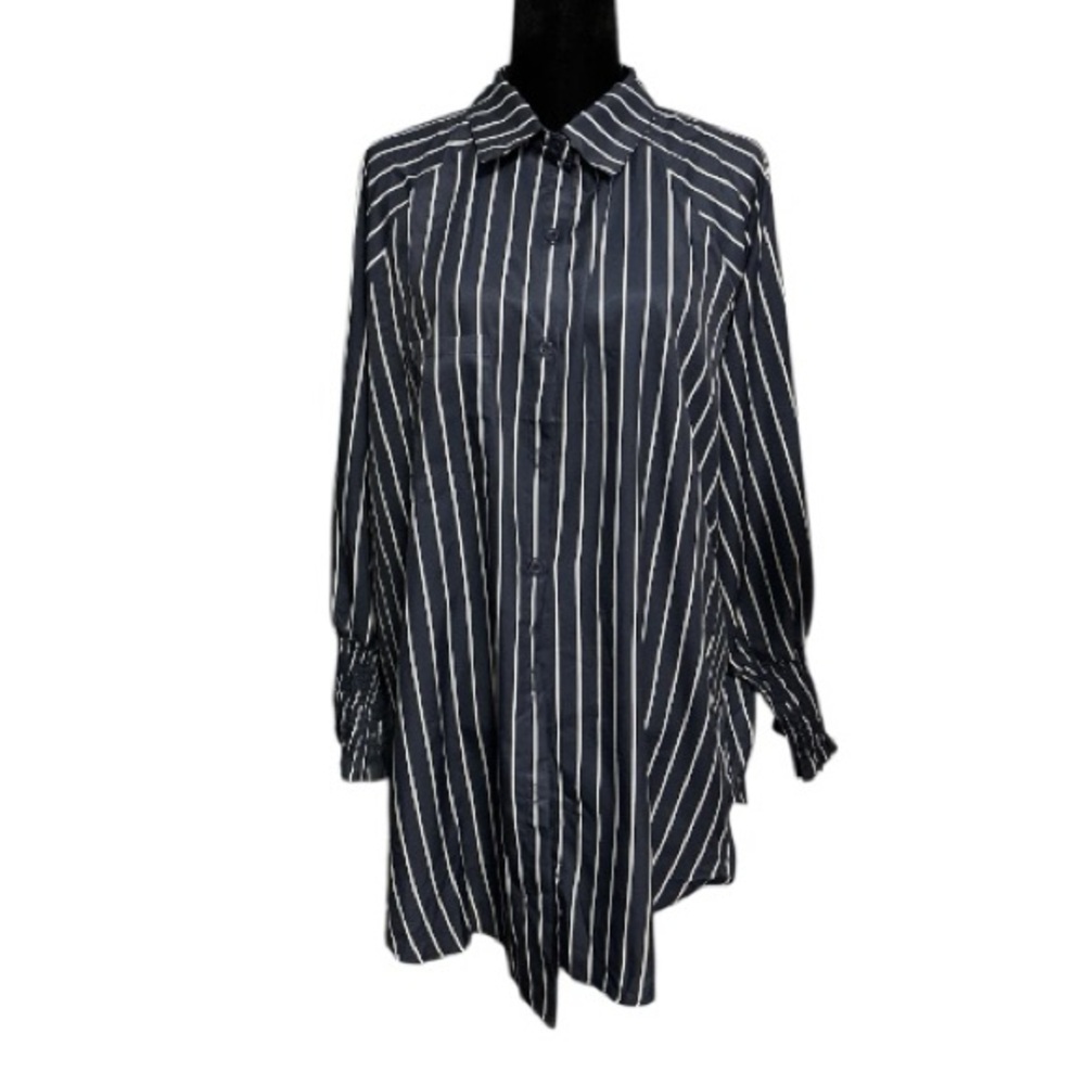 NWOT SHEIN Vertical Striped Drop Shoulder Oversized Shirt w Rouched Cuffs